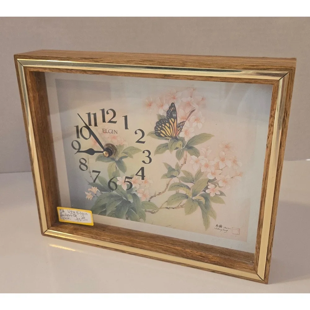 Elgin‎ Vintage MCM Butterfly Floral Mantle Tabletop Clock Wood Grain Frame Works